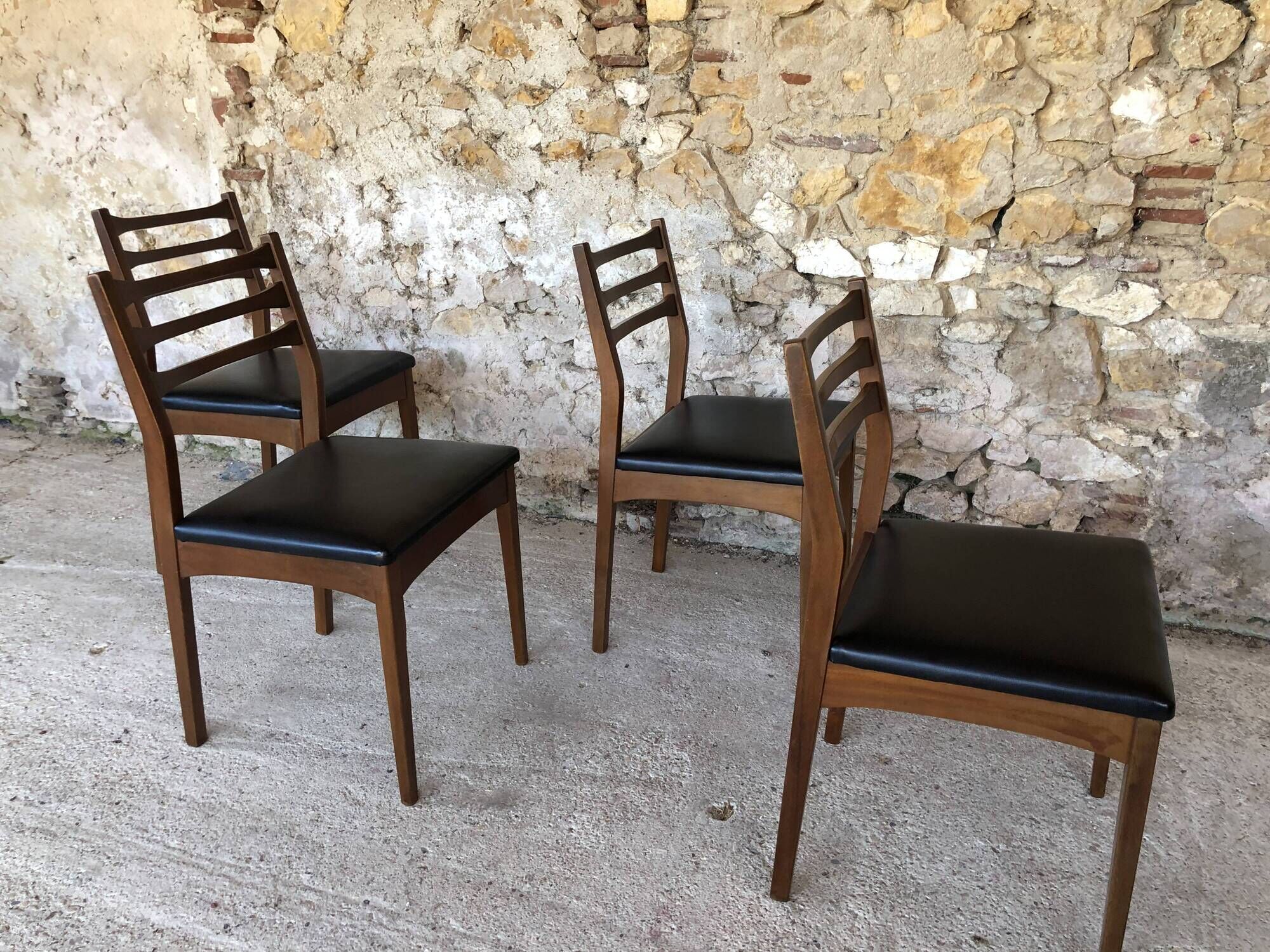 Set of 4 Scandinavian chairs teak and black skai 60s