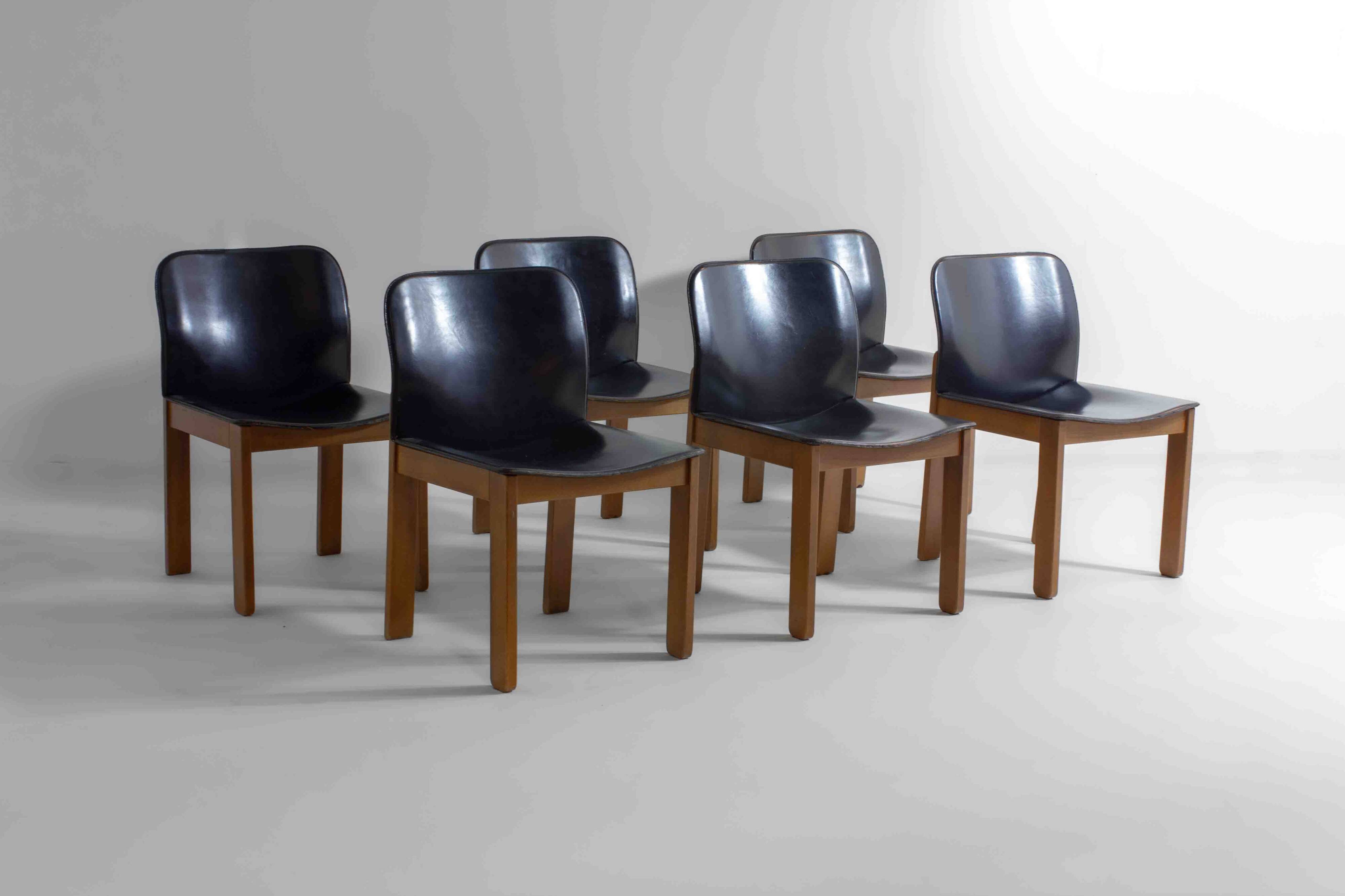 Set of 6 black leather dining chairs by Afra & Tobia Scarpa, 1970's