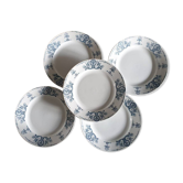 Assiettes plates anciennes en terre de fer bleu X5 modèle "Lutzen" de la manufacture française K&G Lunéville