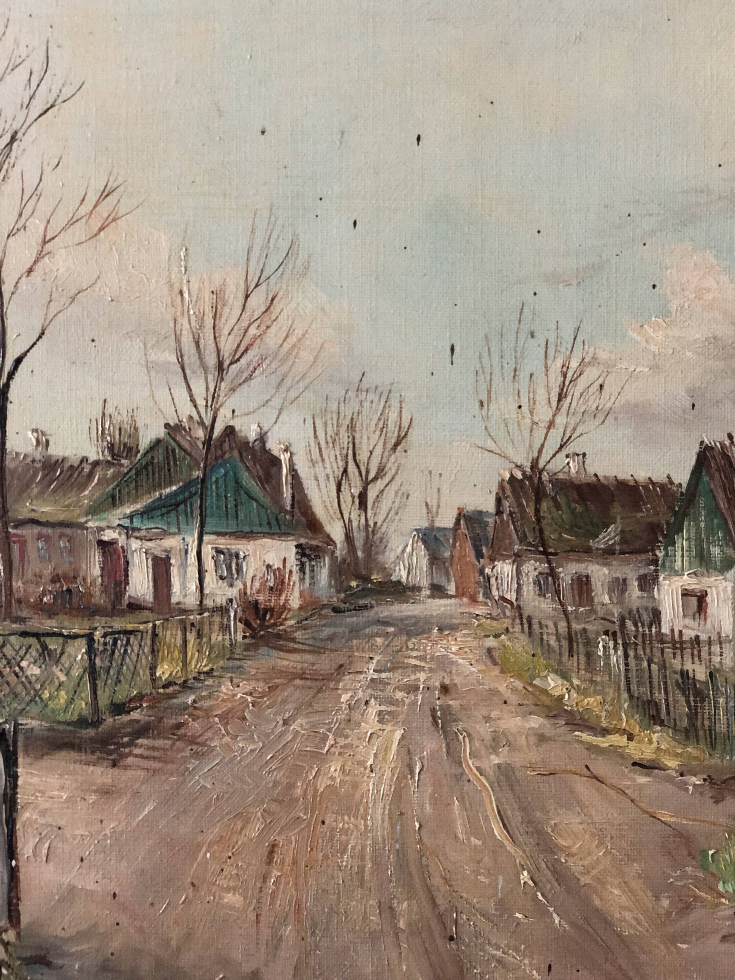 Vintage European Village Original Oil Painting with Cottages, circa 1940