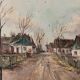 Vintage European Village Original Oil Painting with Cottages, circa 1940