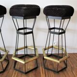 Five brass bar stools and vintage black metal 80s