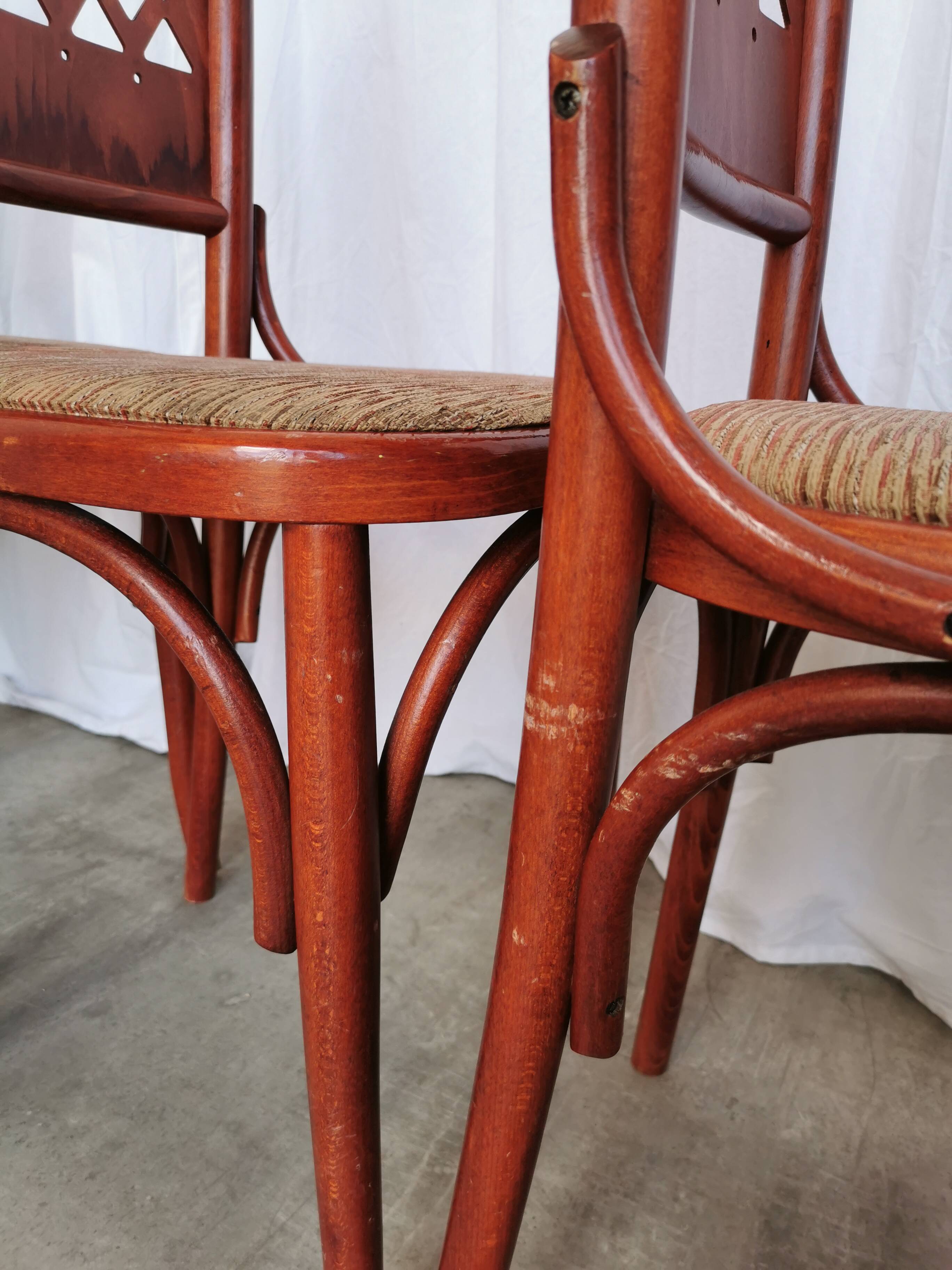 Vintage Italian Bistro Chairs - 1980s Reddish Wood, Brown Fabric - Set of 6