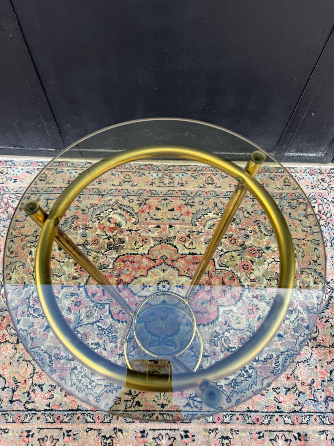 Golden tripod stand with smoked glass from the 1970s.