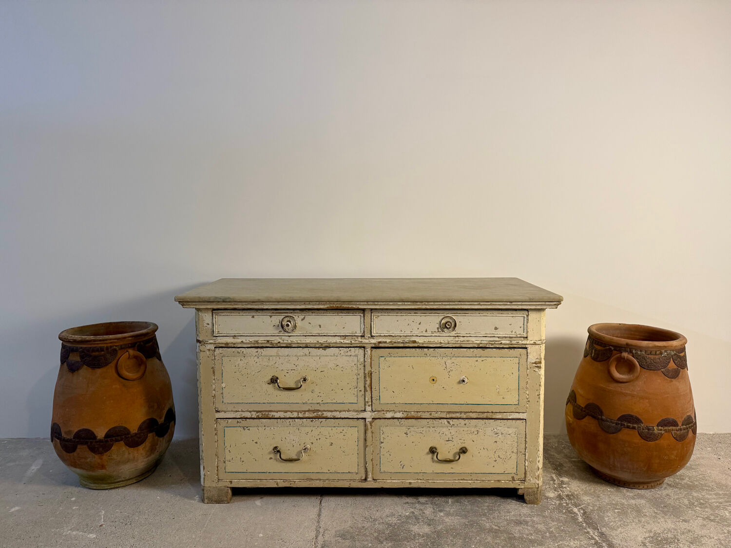 Double-sided shop counter furniture with 6 drawers, length 156 cm.