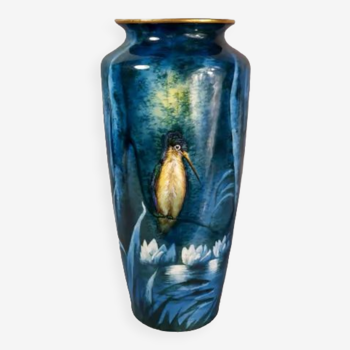 Porcelain vase of Limoges painted decoration kingfisher & fish, marked & signed SB