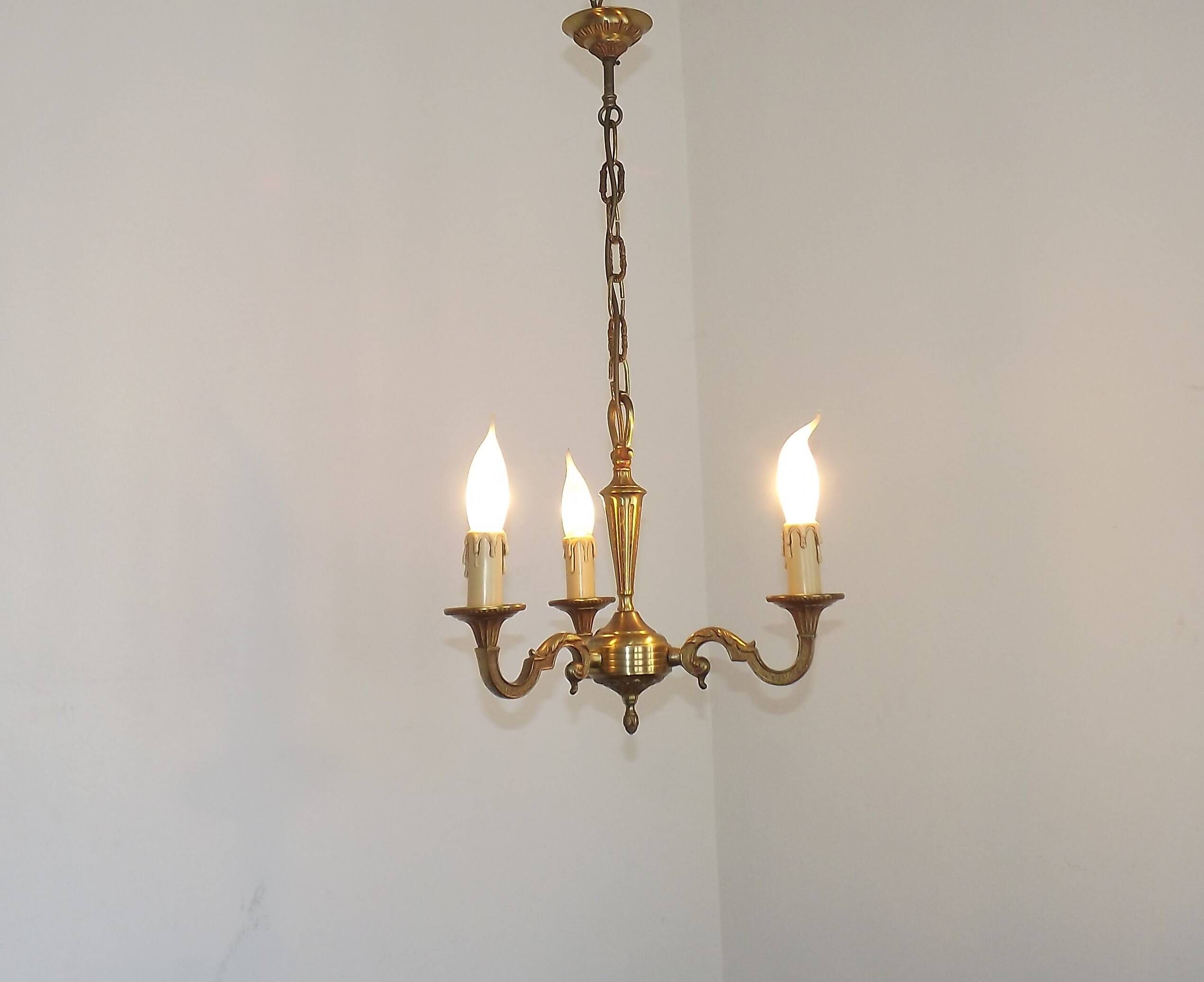 Petite Brass Vintage French Mid Century Traditional 3 Light Chandelier 5365