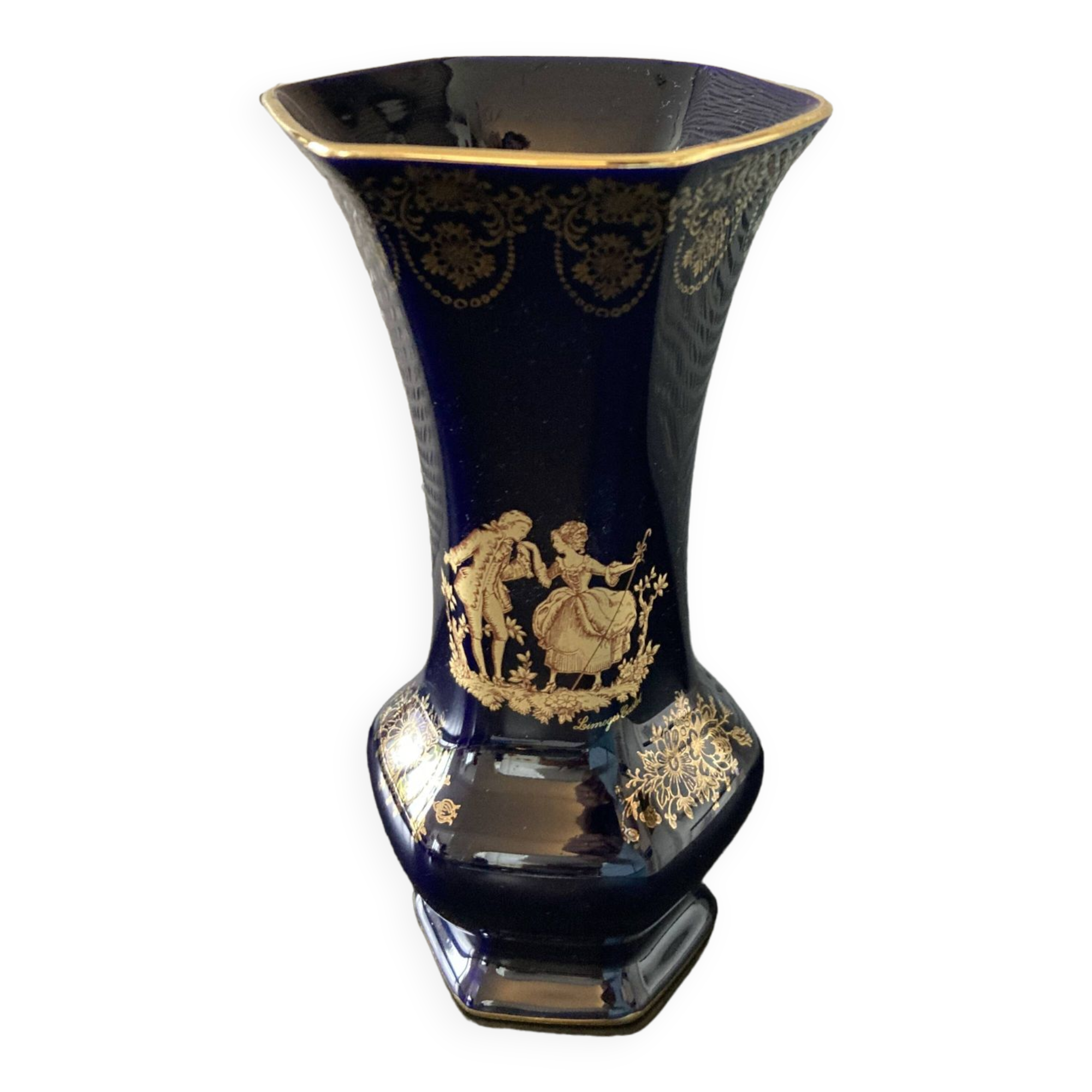 Limoges Castel France cobalt blue hexagonal porcelain vase with 22K GOLD courtesy scene