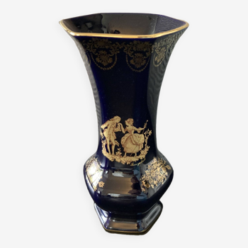 Limoges Castel France cobalt blue hexagonal porcelain vase with 22K GOLD courtesy scene