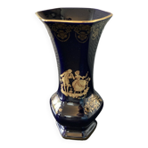 Limoges Castel France cobalt blue hexagonal porcelain vase with 22K GOLD courtesy scene