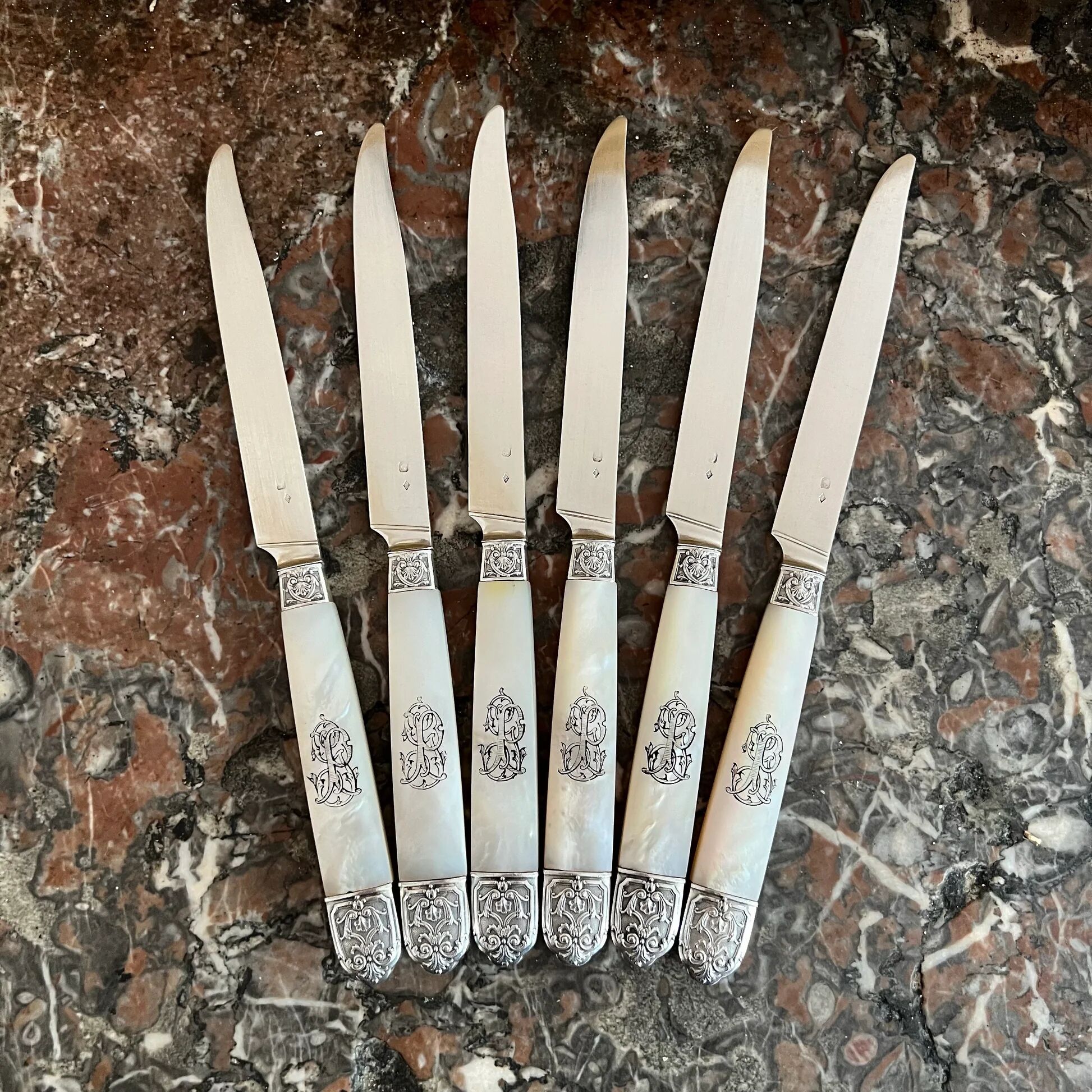 6 mother-of-pearl and sterling silver fruit knives, Hénin & Vivier (1891-1896)