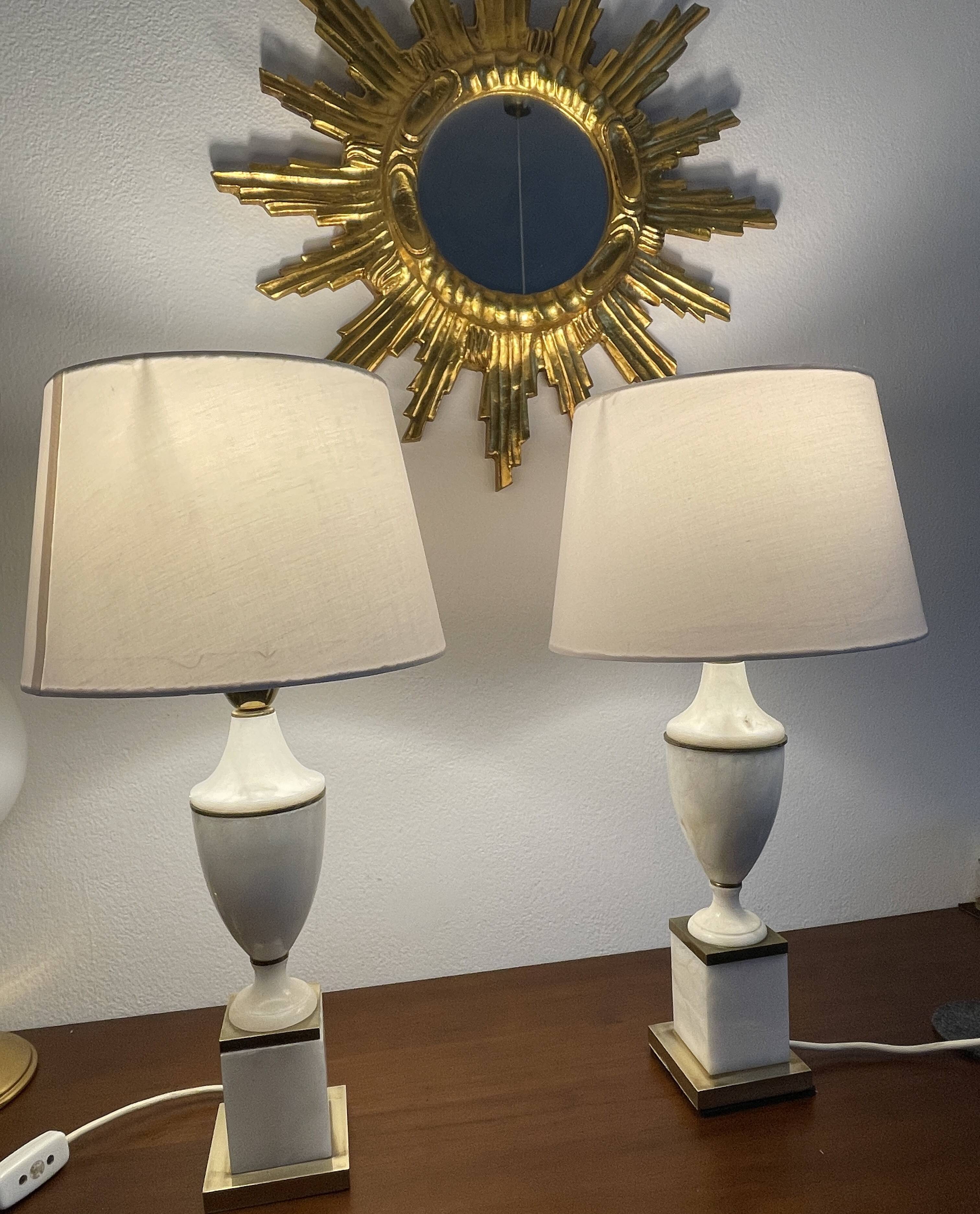 Pair of Art Deco marble and brass lamps