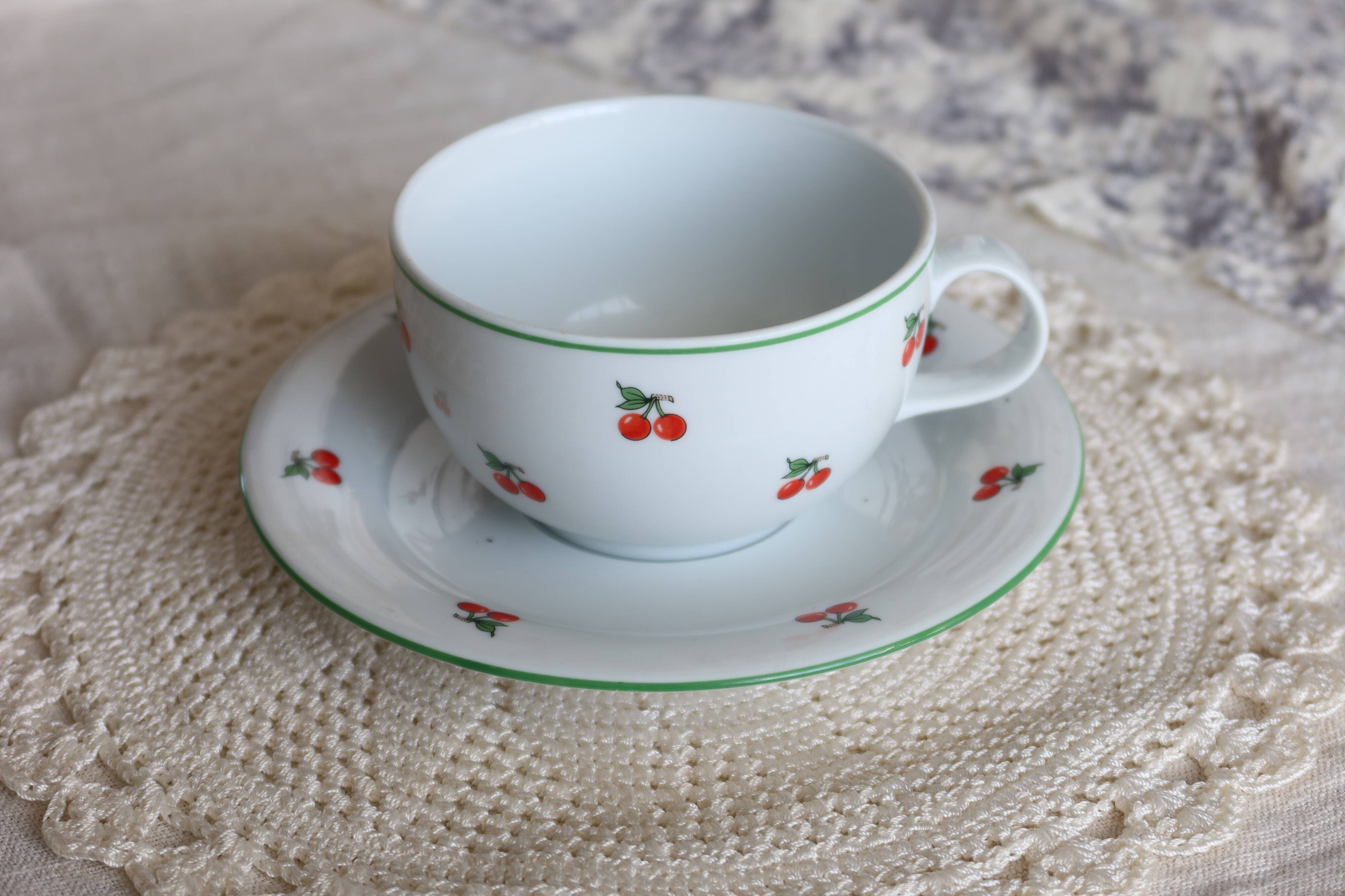 Vintage porcelain cup and saucer - Cherry pattern