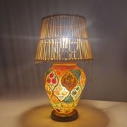 Oriental leather hand painted table lamp, Middle East 1960s