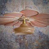Rattan and Pink Linen Flower Pendant Light and Vintage Clichy Glass Globe