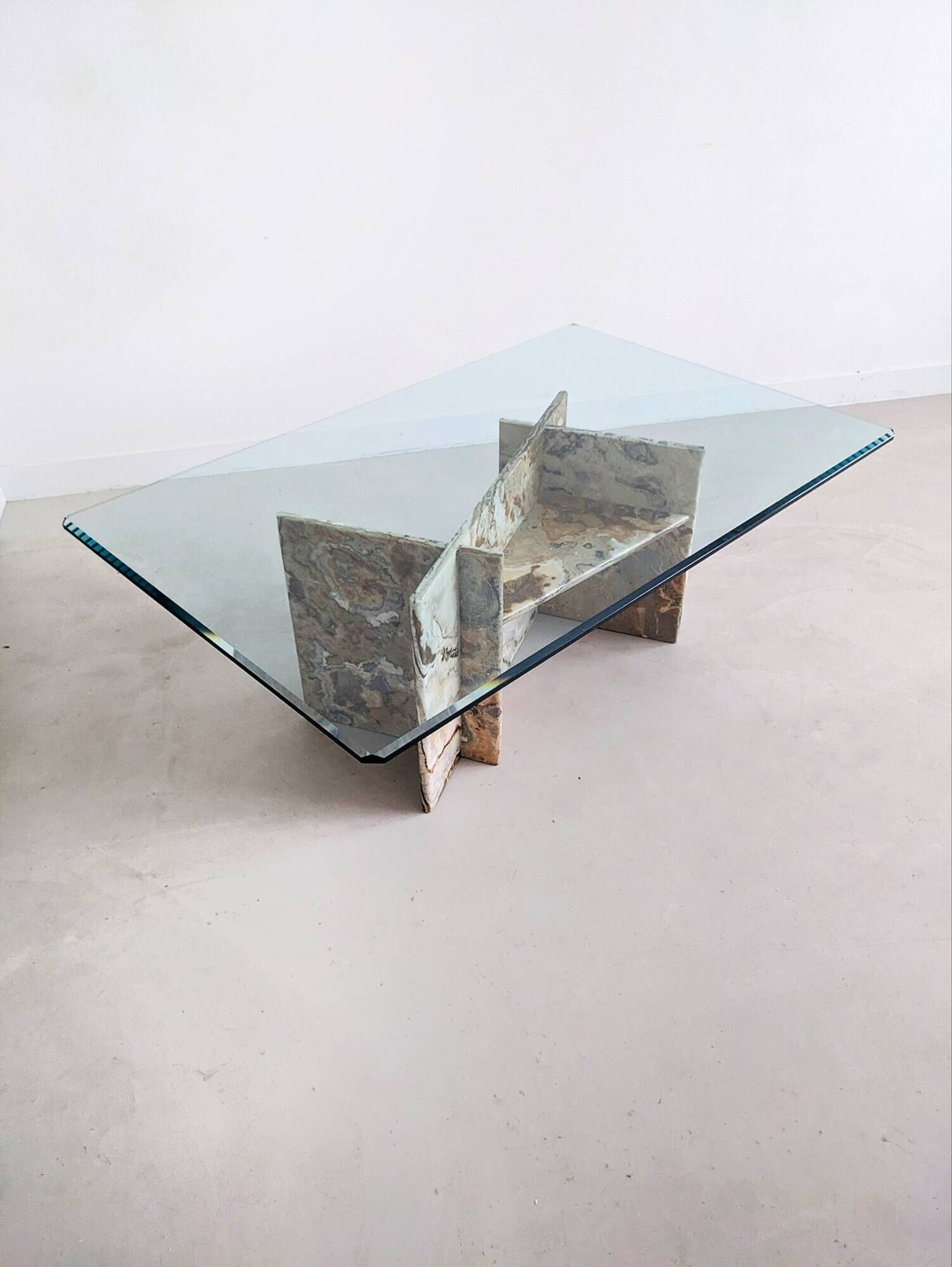 Italian marble coffee table with glass top 1970's
