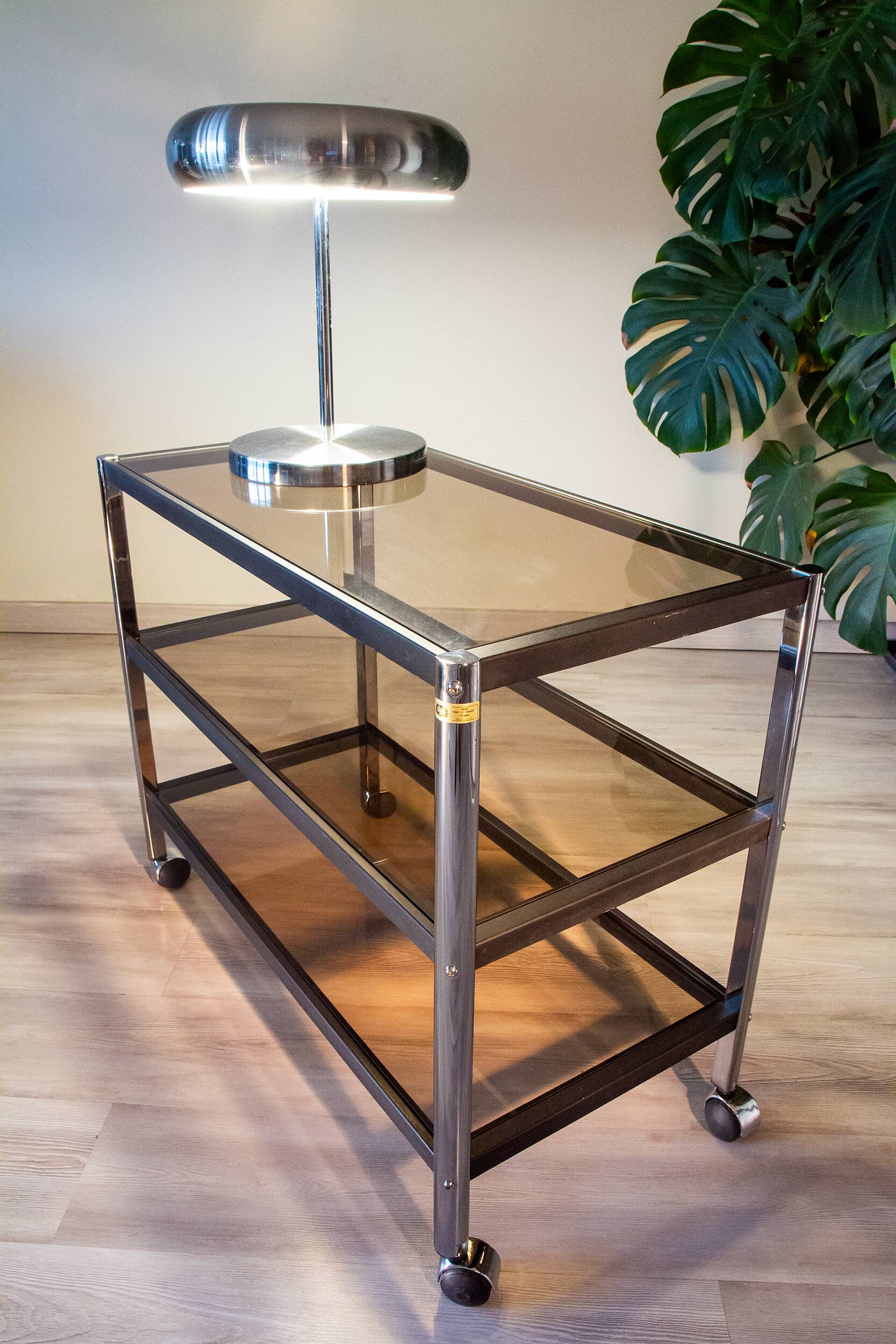 ERARD console (France), black metal and smoked glass side table, 1980.