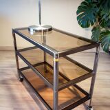 ERARD console (France), black metal and smoked glass side table, 1980.