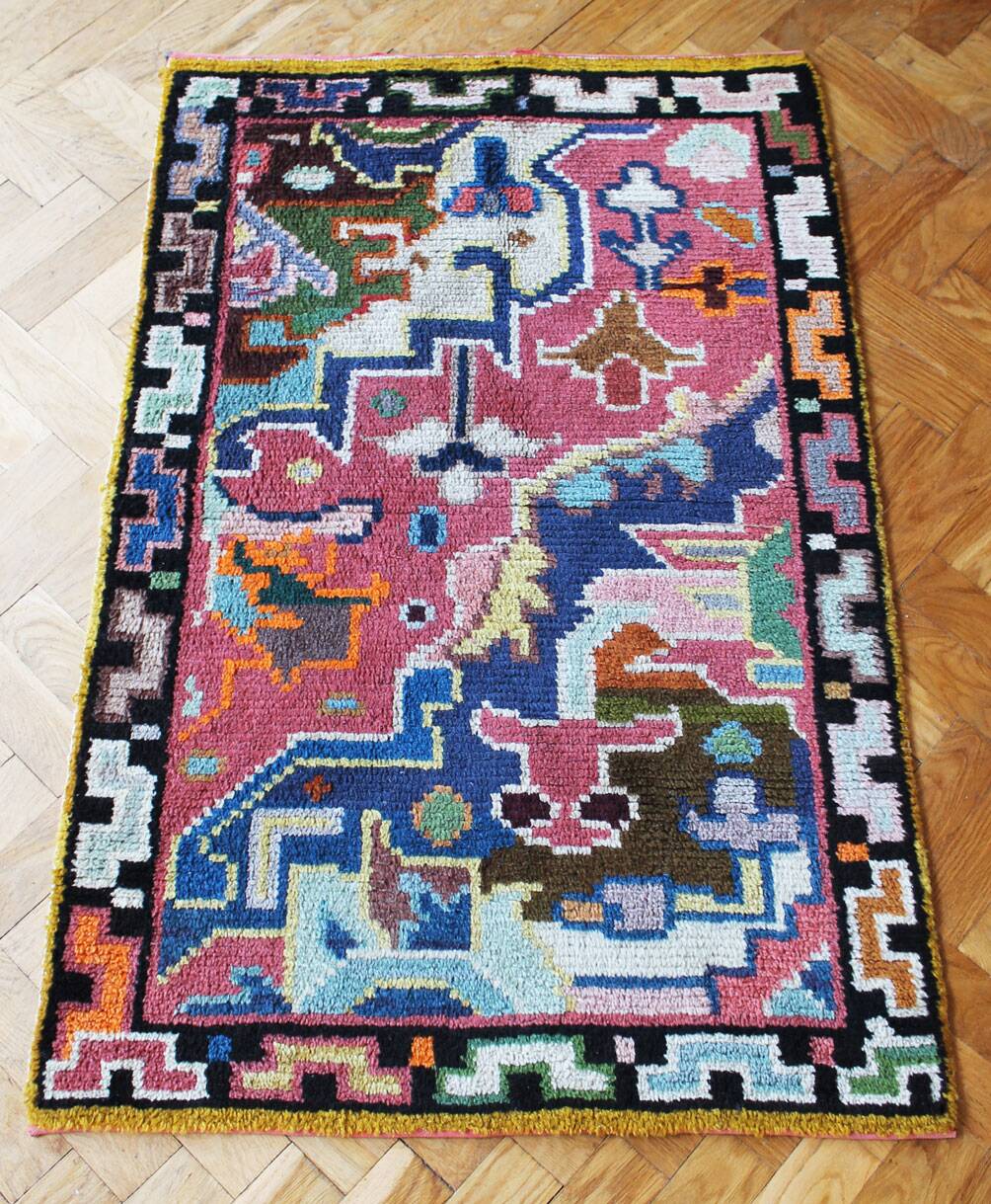 1960s Wool Rug with Vibrant Geometric Abstract Pattern