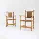Ensemble de 2 fauteuils brutalistes espagnols en bois sculpté et tressé en jonc -
