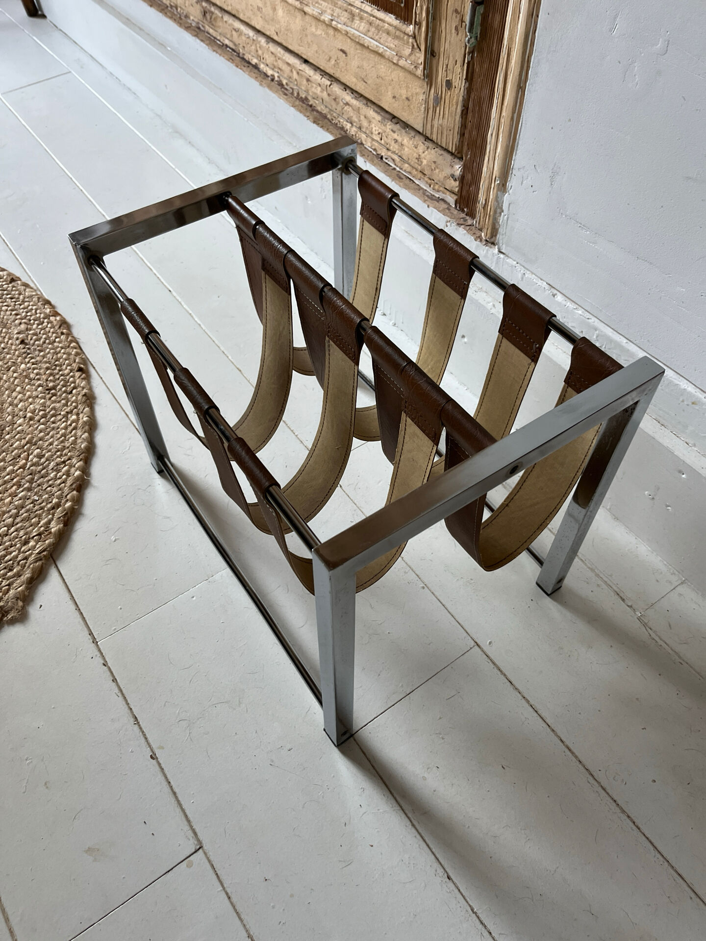 Vintage chrome steel and leather magazine rack – 1970s