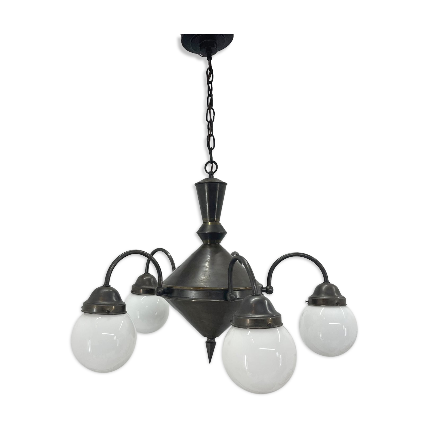 Art deco metal and milk glass chandelier, 1930's