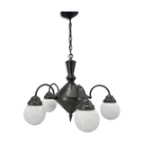 Art deco metal and milk glass chandelier, 1930's