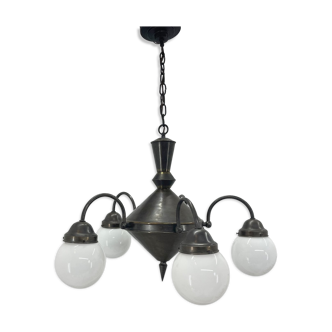 Art deco metal and milk glass chandelier, 1930's