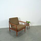 Teak Scandinavische fauteuil met bruin stoffen kussens, stoel 1