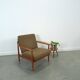 Teak Scandinavische fauteuil met bruin stoffen kussens, stoel 1