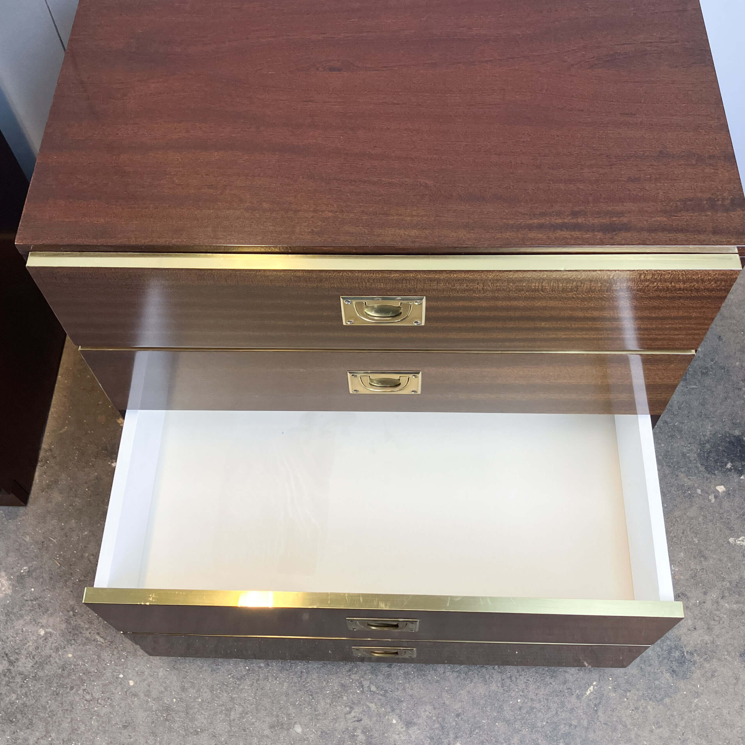 2 bedside tables/small chests of drawers in Campaign style, 1970s
