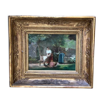 Tableau: oil on panel depicting a washerwoman.