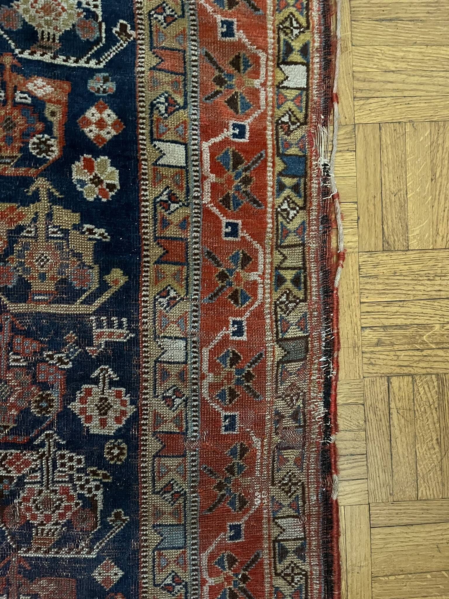 Antique handmade Persian Qashqai nomadic rug – blue background 94x112cm