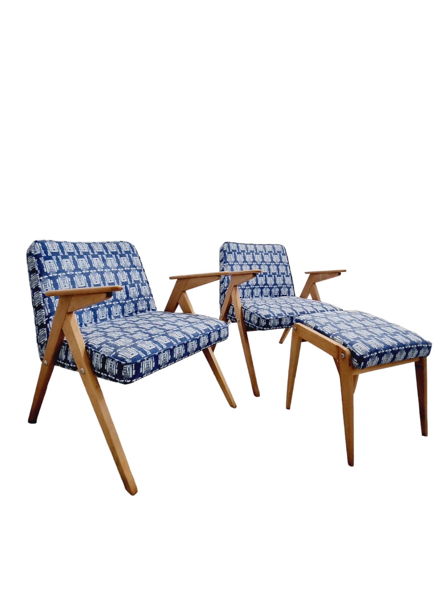 Pair of Mid-century modern "Bunny" armchairs with footstool, J. Chierowski, 1970's, Polish
