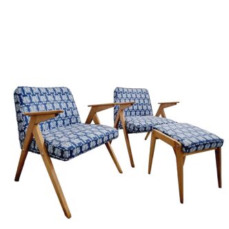 Pair of Mid-century modern "Bunny" armchairs with footstool, J. Chierowski, 1970's, Polish