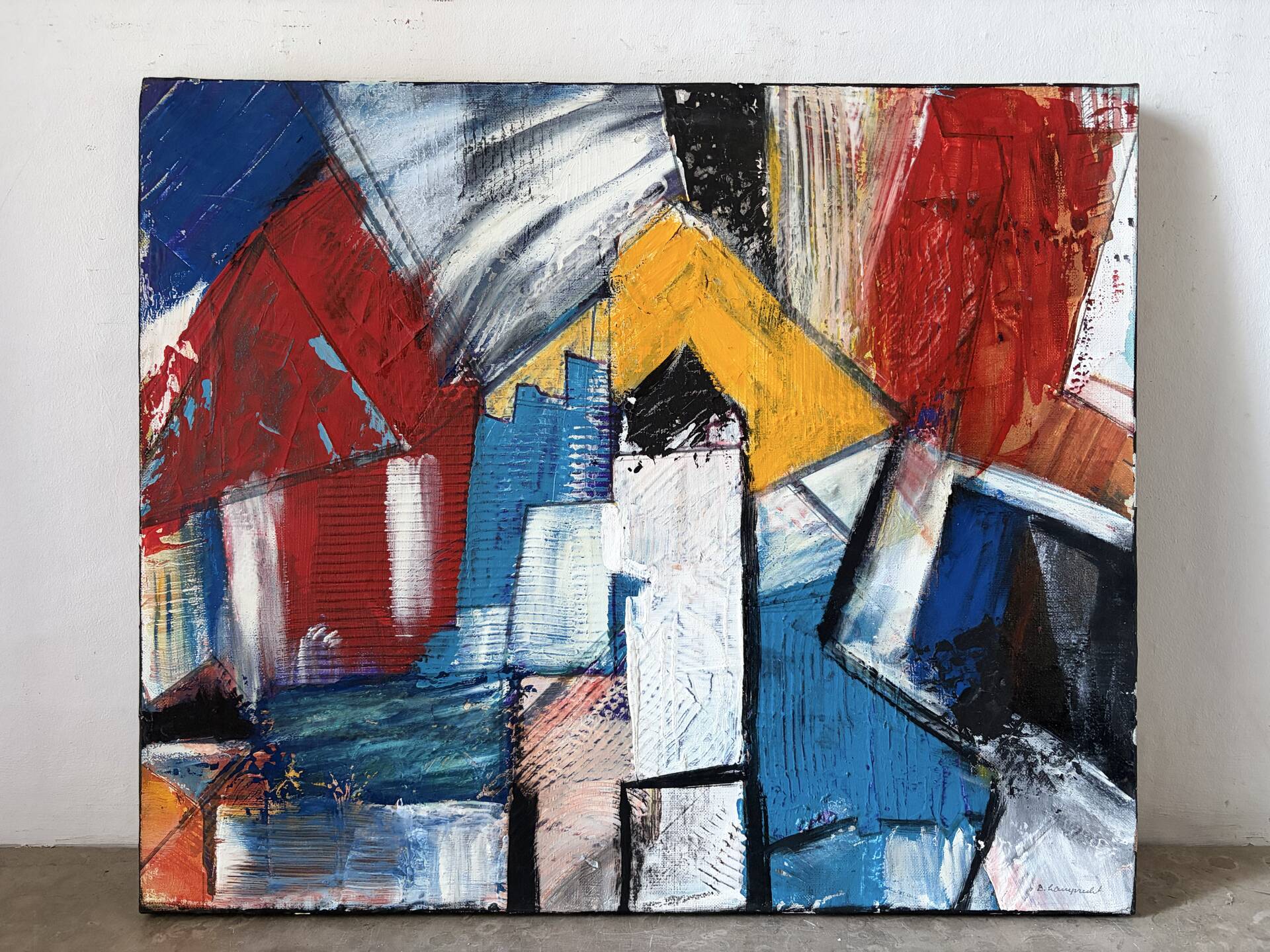 Abstract cubist houses, oil on canvas signed