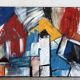 Abstract cubist houses, oil on canvas signed