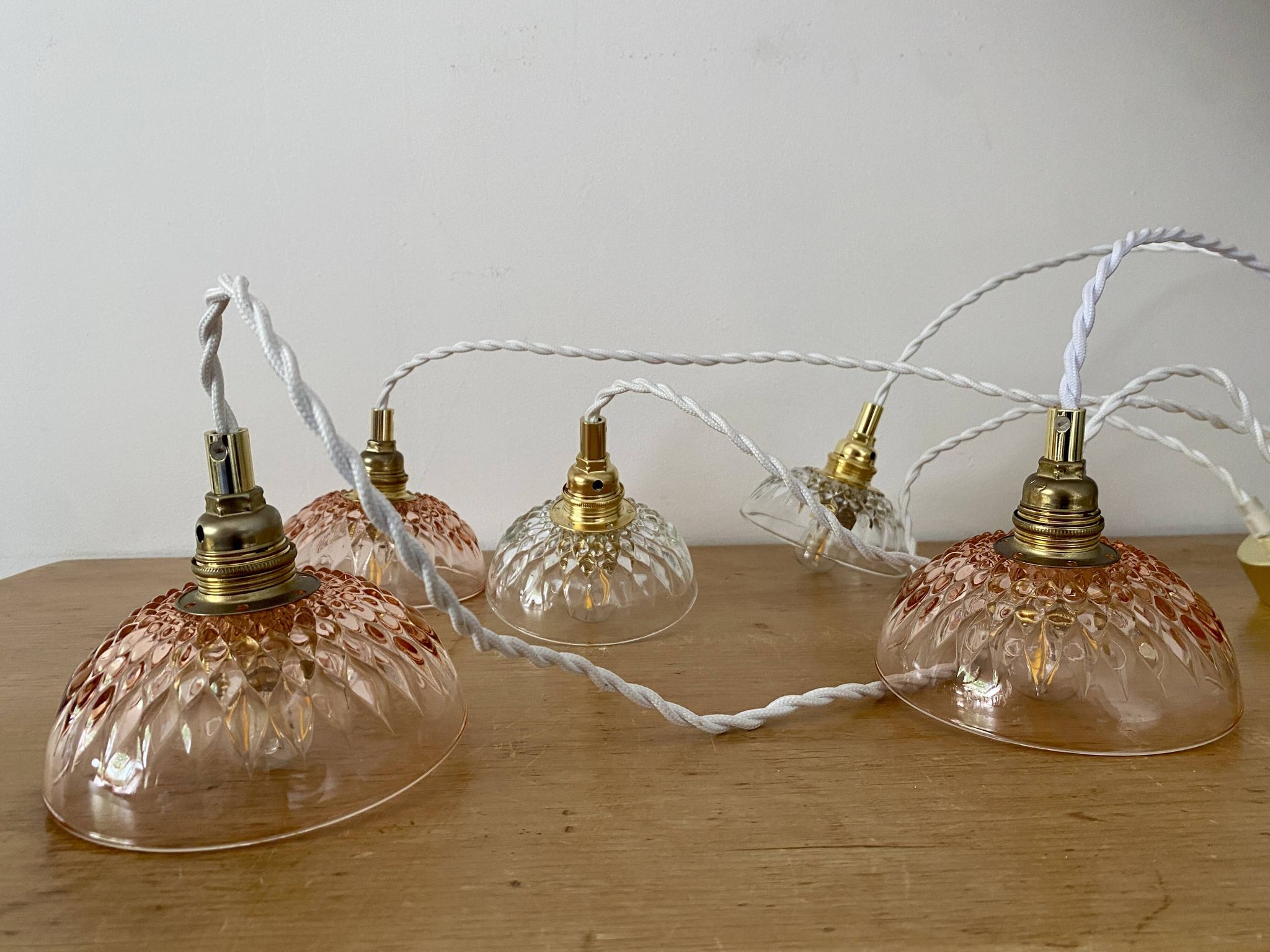 5-light waterfall pendant light with vintage pink and transparent glass shades
