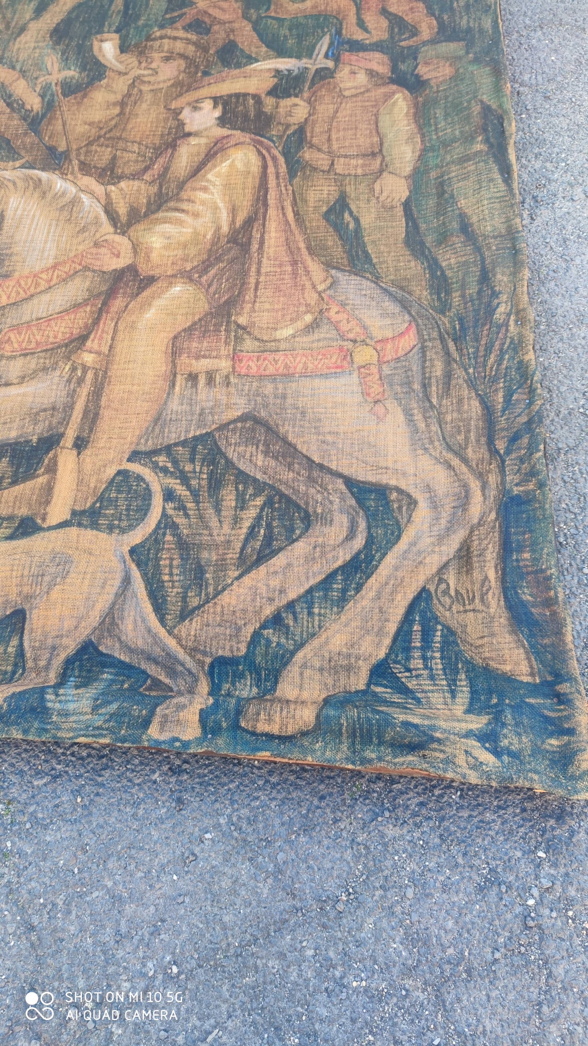 Painted burlap canvas depicting a medieval hunting scene circa 1950 by André Pierre BOURBIOUX, known as "Boul"