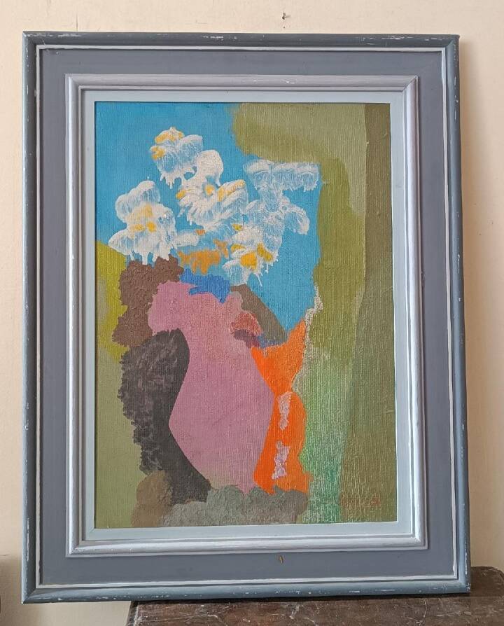 Still life painting - vase with flowers - dated 1972 signed - oil on panel