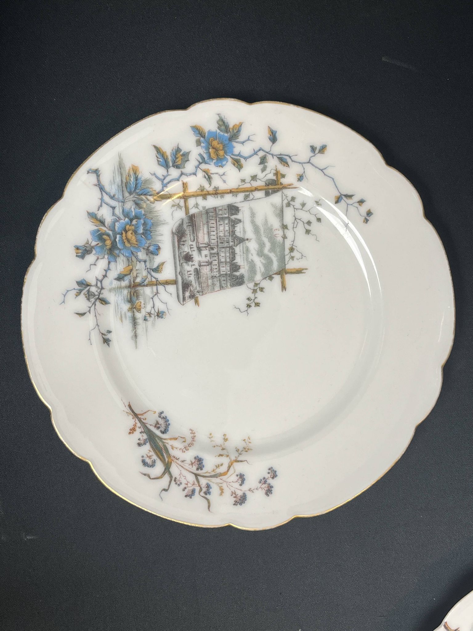 Pair of Hache Jullien plates, fine earthenware, castle decor, early 20th century