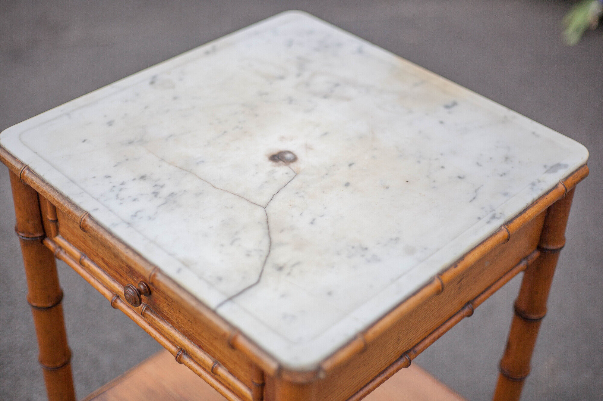 Bedside table wood imitation bamboo and marble colonial style, pedestal table, furniture 1 old drawer