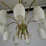 Midcentury 9-Arm Brass Chandelier with  Lacquer & Opaline Glass. Italy 1950