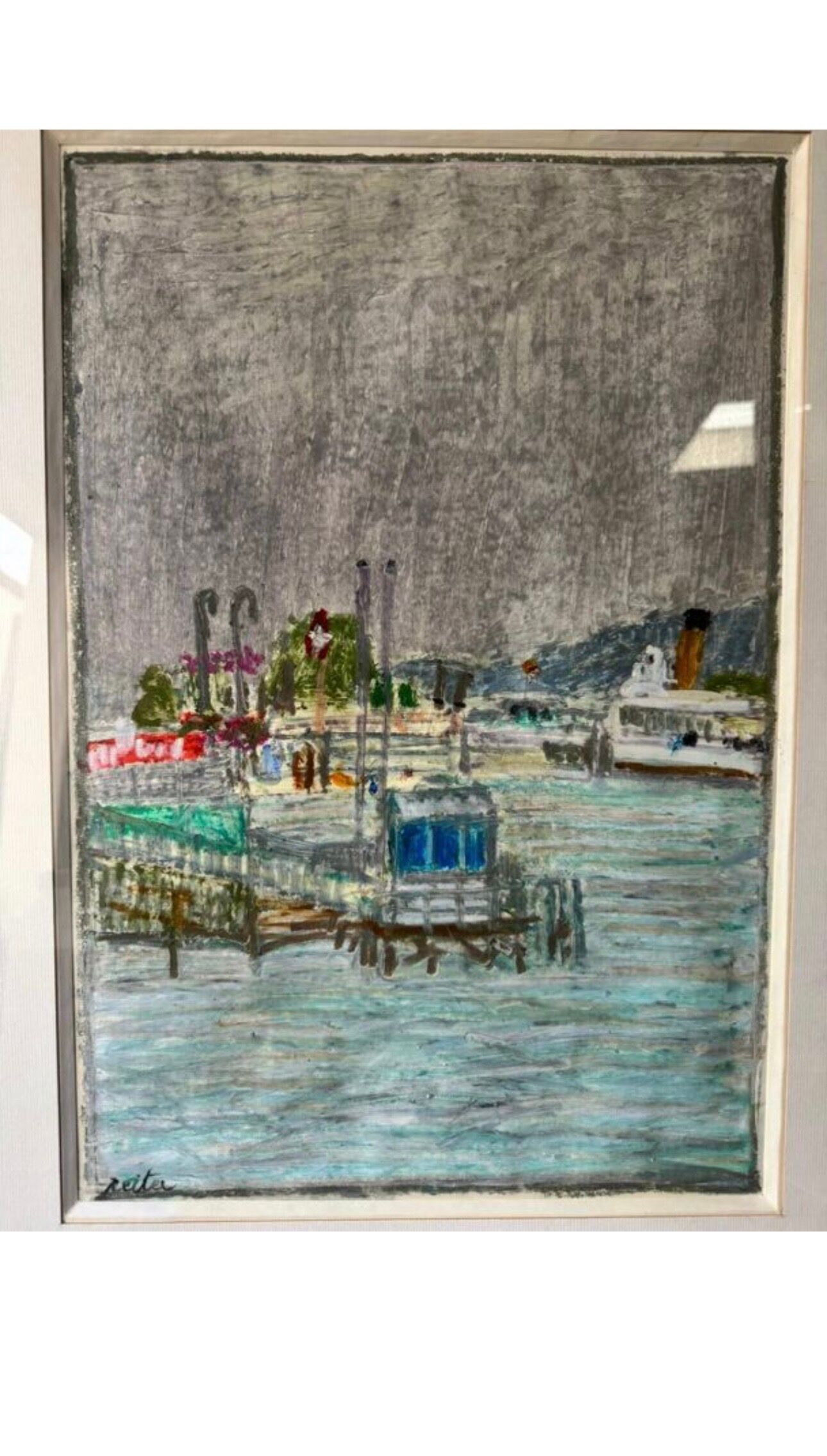 Tableau Marine. Original pastel signed by Henri Reiter. Port Normandie.