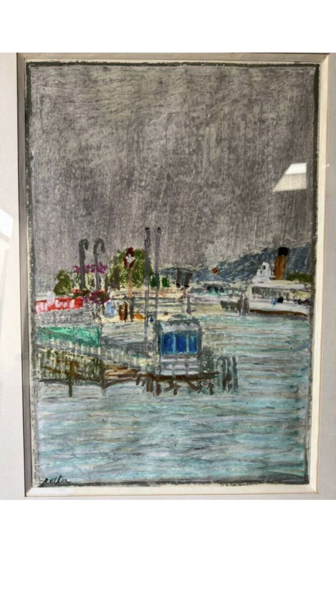 Tableau Marine. Original pastel signed by Henri Reiter. Port Normandie.