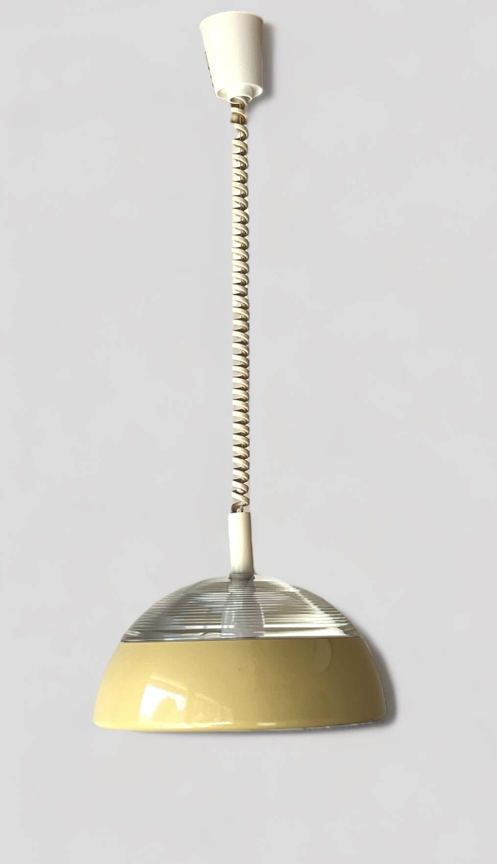 Space-age pendant light in holophane glass and lacquered metal from the 70s.