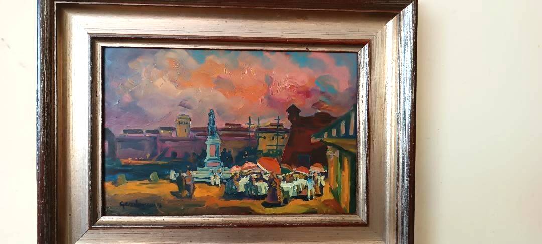 Oil on faesite, square with figures, gerolamo bolli (pisa 1933-2009)