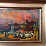 Oil on faesite, square with figures, gerolamo bolli (pisa 1933-2009)