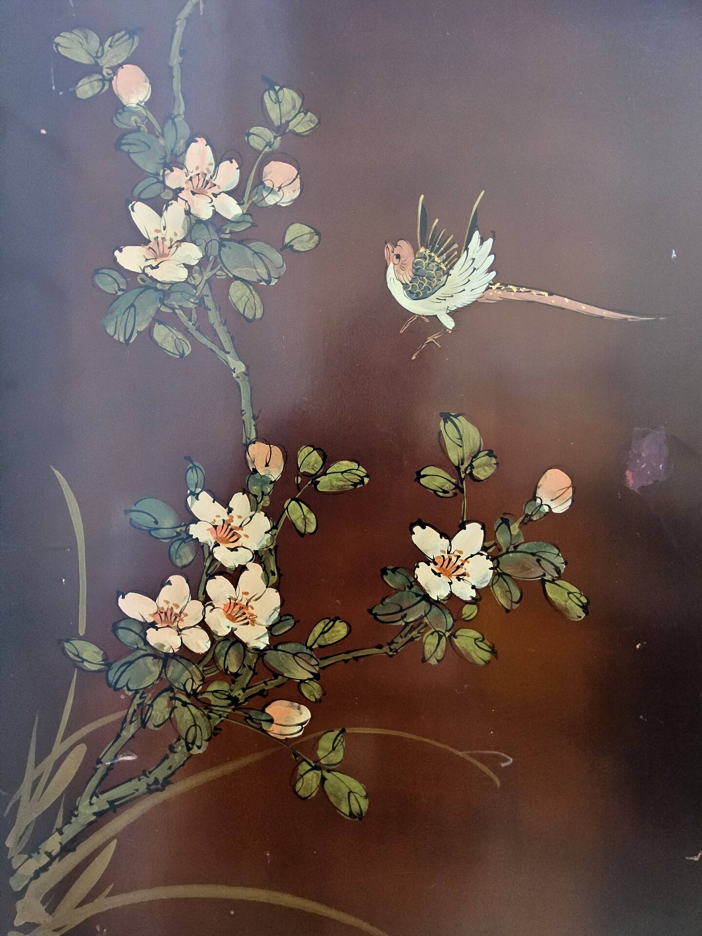 Vintage Chinese red and gold cabinet with flowers and birds (lacquer cabinet)