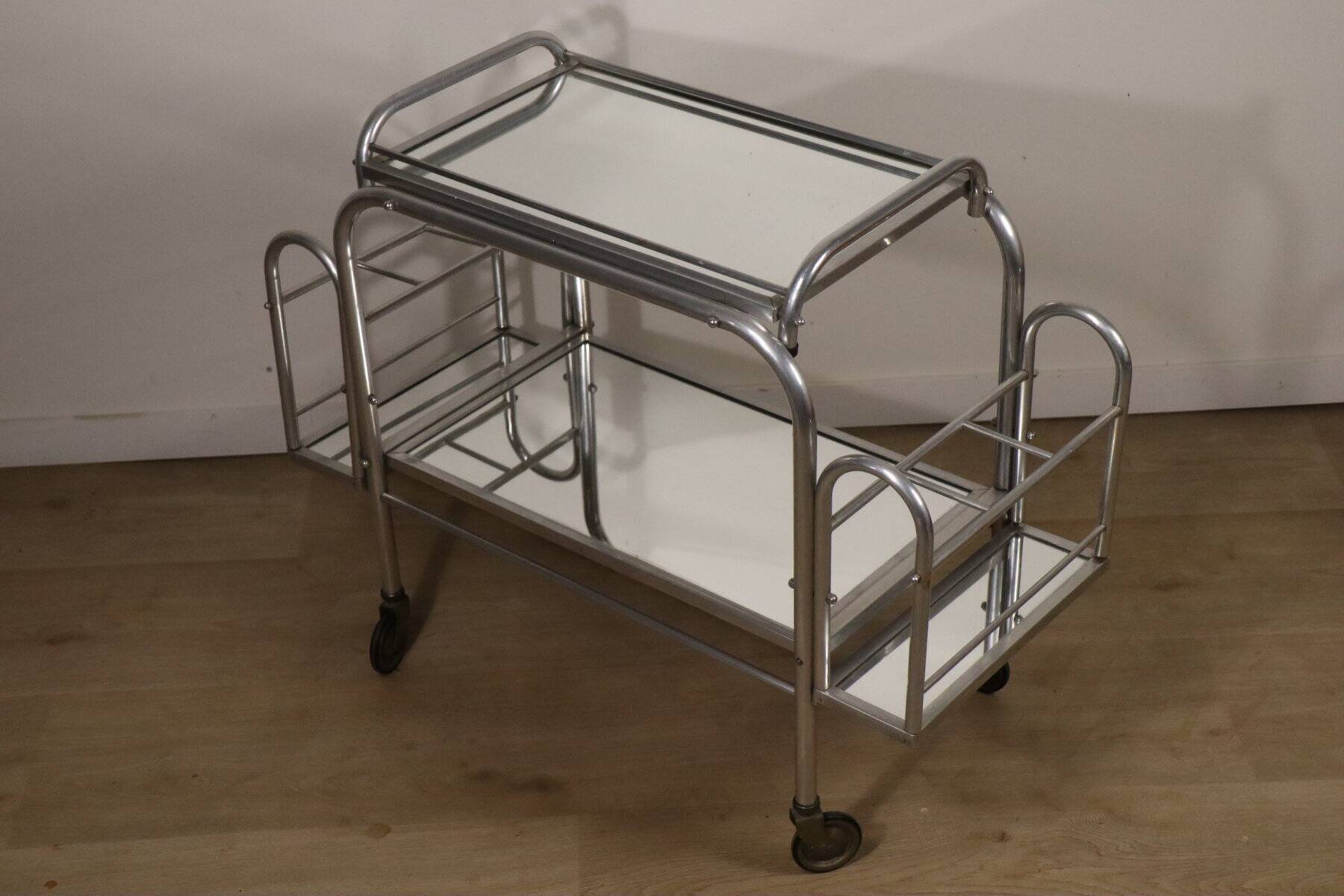 Desserte roulante vintage années 70 en métal chromé et verre miroir